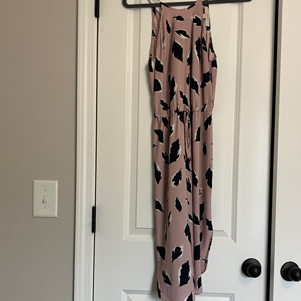 LOFT Pink and Black Leaf Pattern Jumpsuit